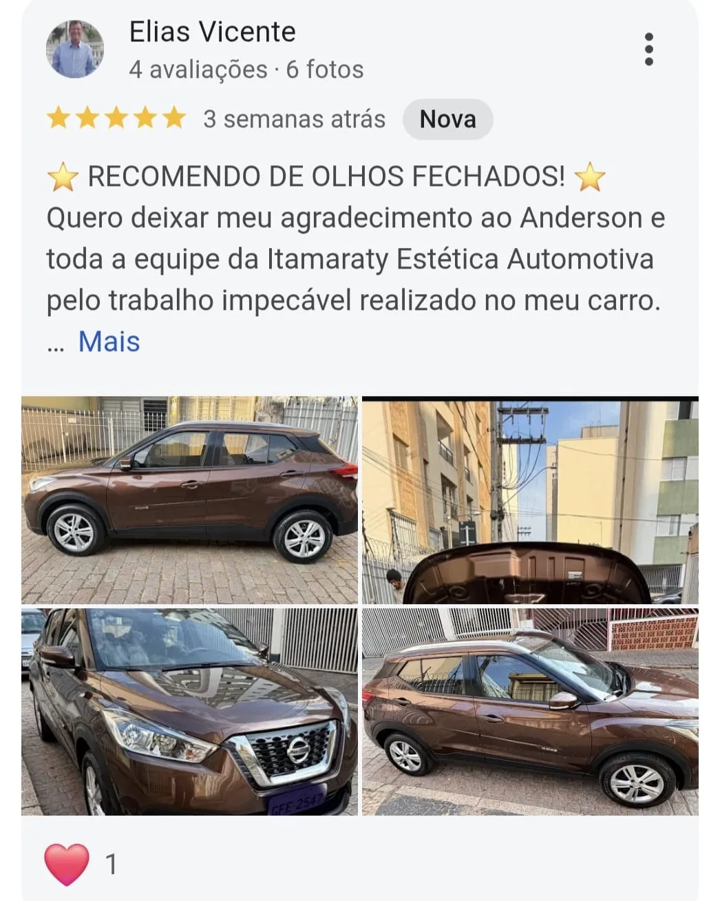 Print de avaliação de cliente no Google - Itamaraty Estética Automotiva