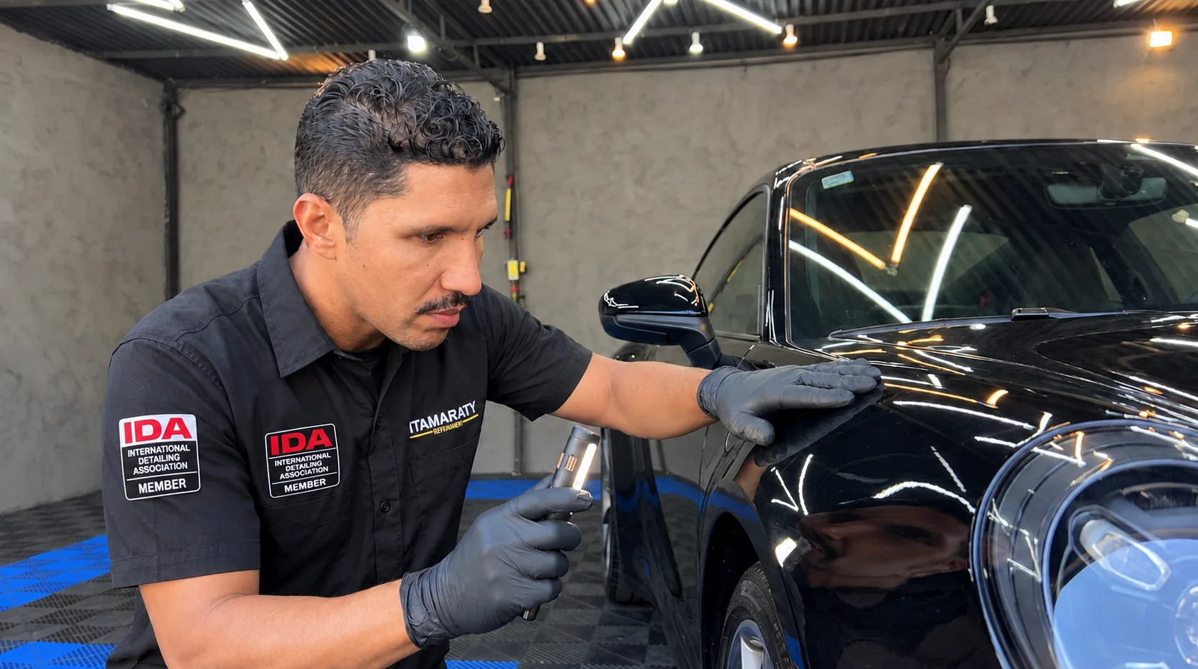 Detalhador inspecionando a pintura do veículo com luz técnica antes de iniciar o procedimento